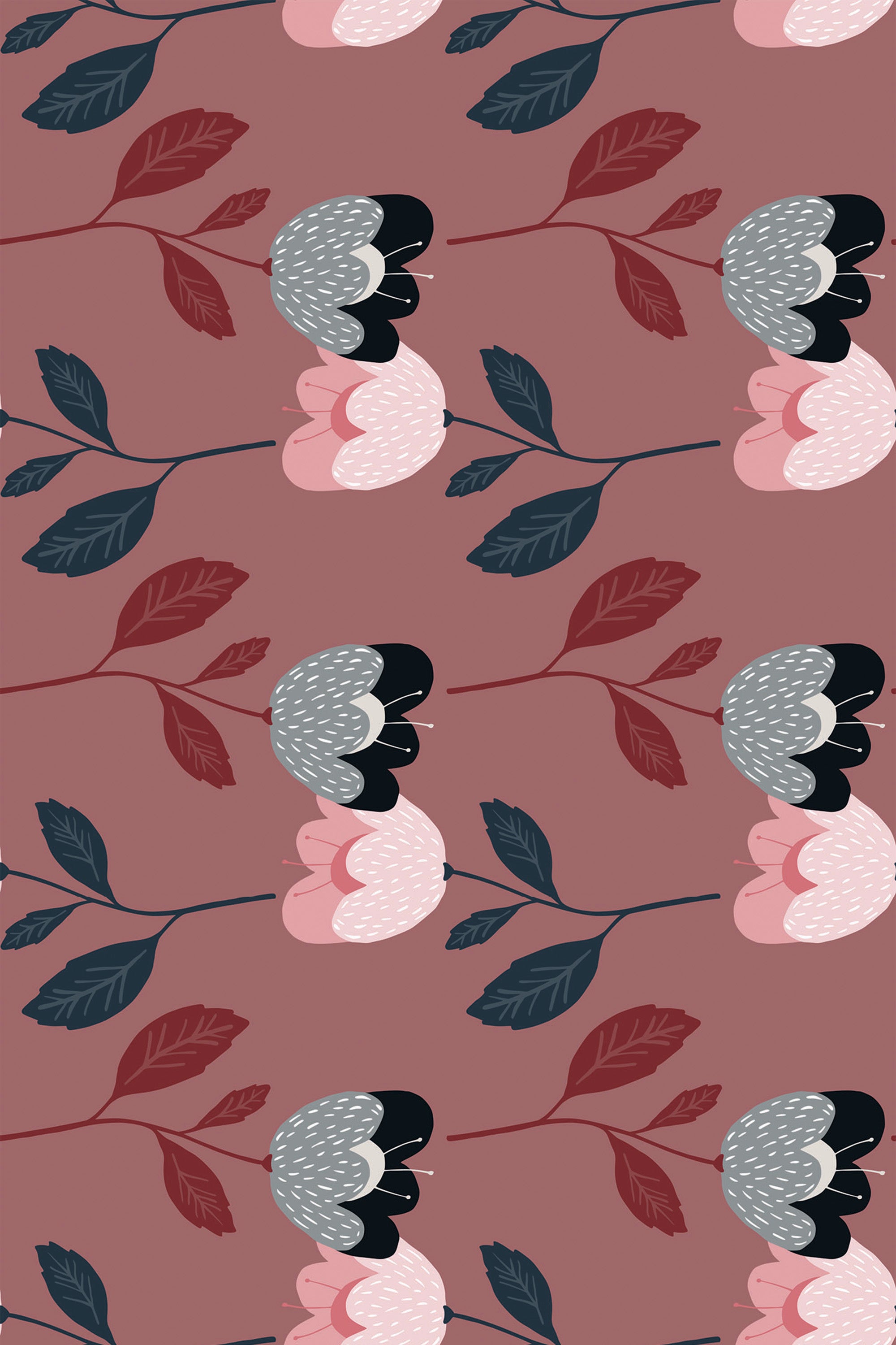Large stylized flowers in shades of pink and grey with dark leaves on a dusty rose background, Bold flowers pattern, peel and stick removable wallpaper.