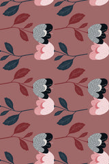 Large stylized flowers in shades of pink and grey with dark leaves on a dusty rose background, Bold flowers pattern, peel and stick removable wallpaper.