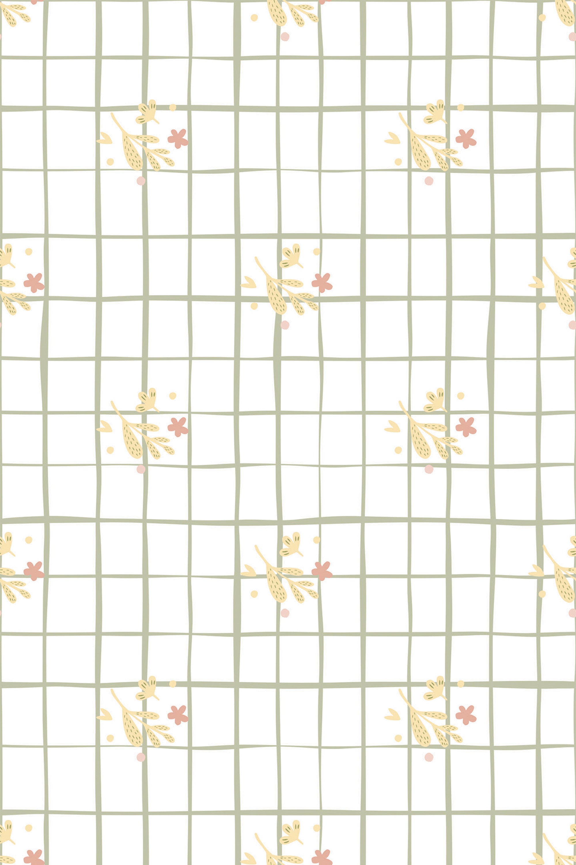 Elegant grid-patterned wallpaper with delicate floral accents in pastel colors, peel and stick removable wallpaper.