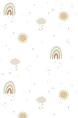 Simplistic bohemian-style wallpaper with a pattern of rainbows, suns, and clouds in muted tones on a clean background, peel and stick removable wallpaper.