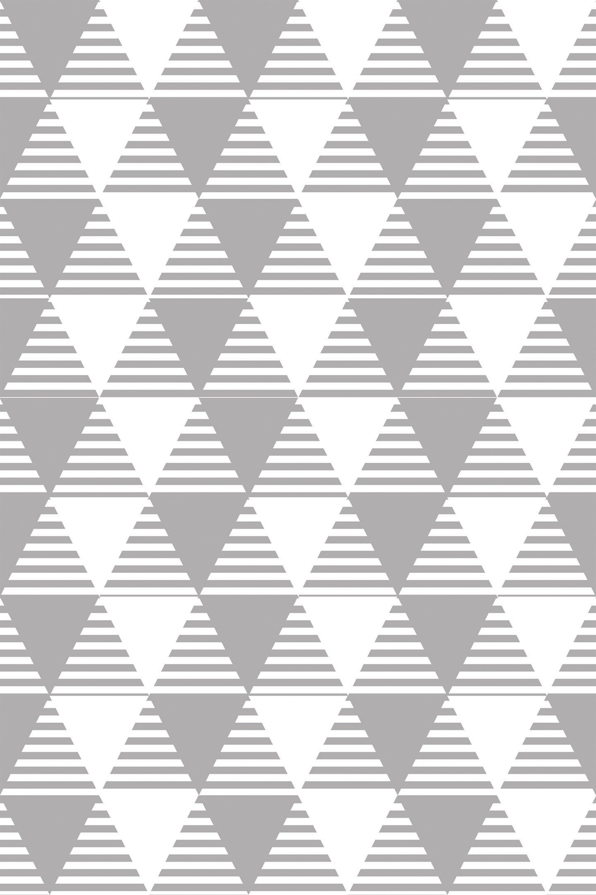 A geometric pattern of repeating triangles in shades of gray, some filled with horizontal stripes, on a seamless background, suitable as peel and stick removable wallpaper.