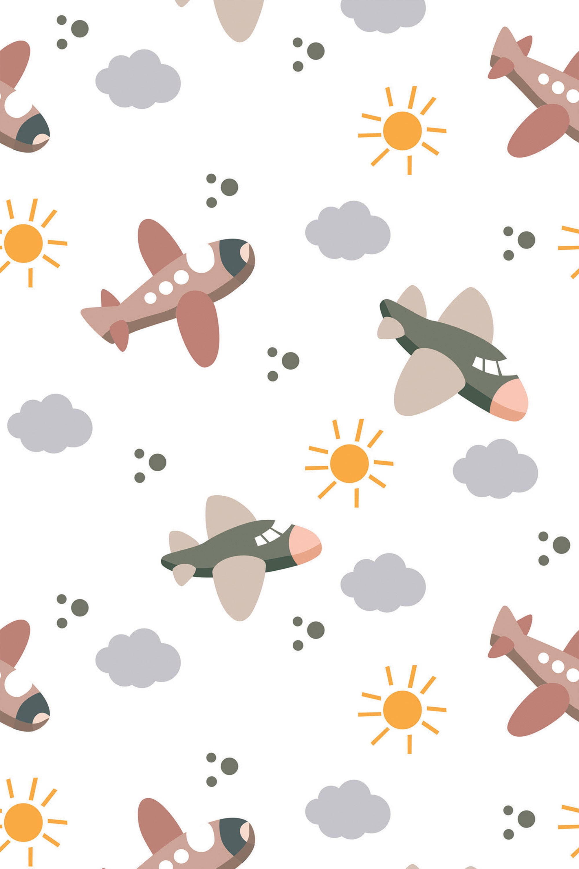 Pattern with colorful airplanes, clouds, and suns on a white background, peel and stick removable wallpaper.
