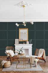A room with dark green geometric wallpaper on the upper part of the walls, complemented by wainscoting below, traditional wallpaper.