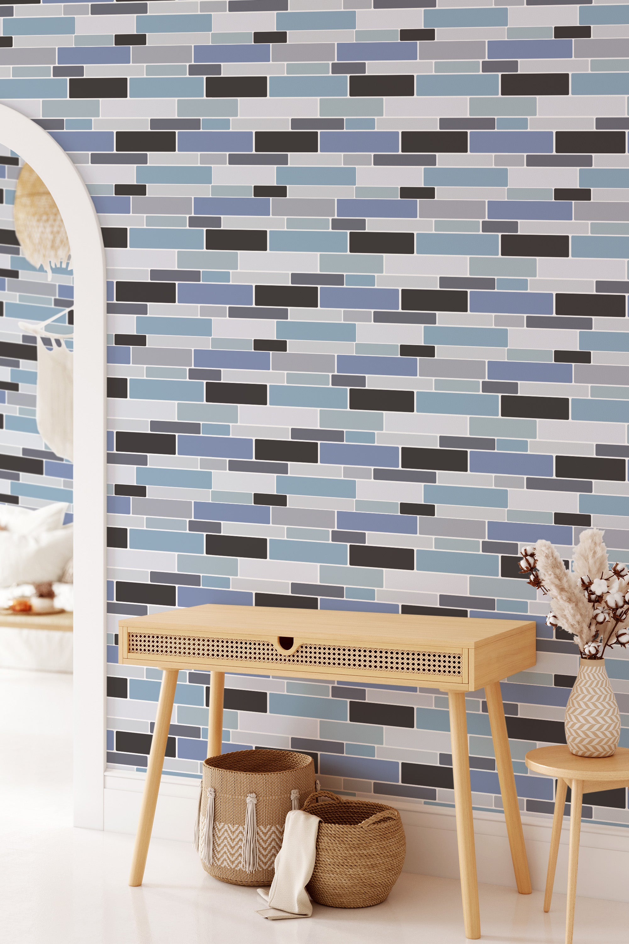 Wallpaper with a horizontal kitchen tile pattern in shades of blue, gray, and white, giving the illusion of a tiled wall, traditional wallpaper.