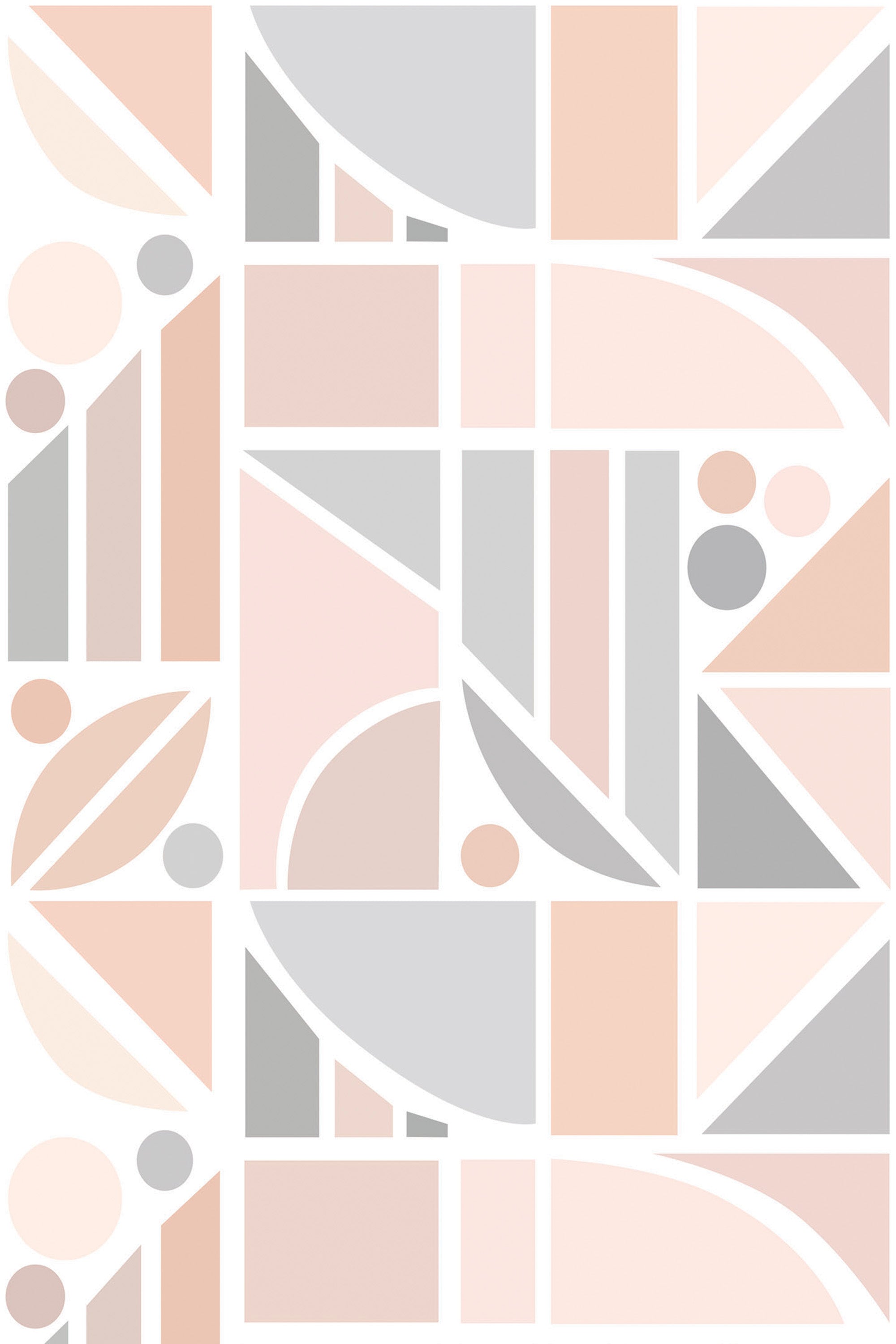 A geometric pattern with pastel shades including pink, beige, and gray tiles, complemented by leaf shapes and circular accents, peel and stick removable wallpaper.