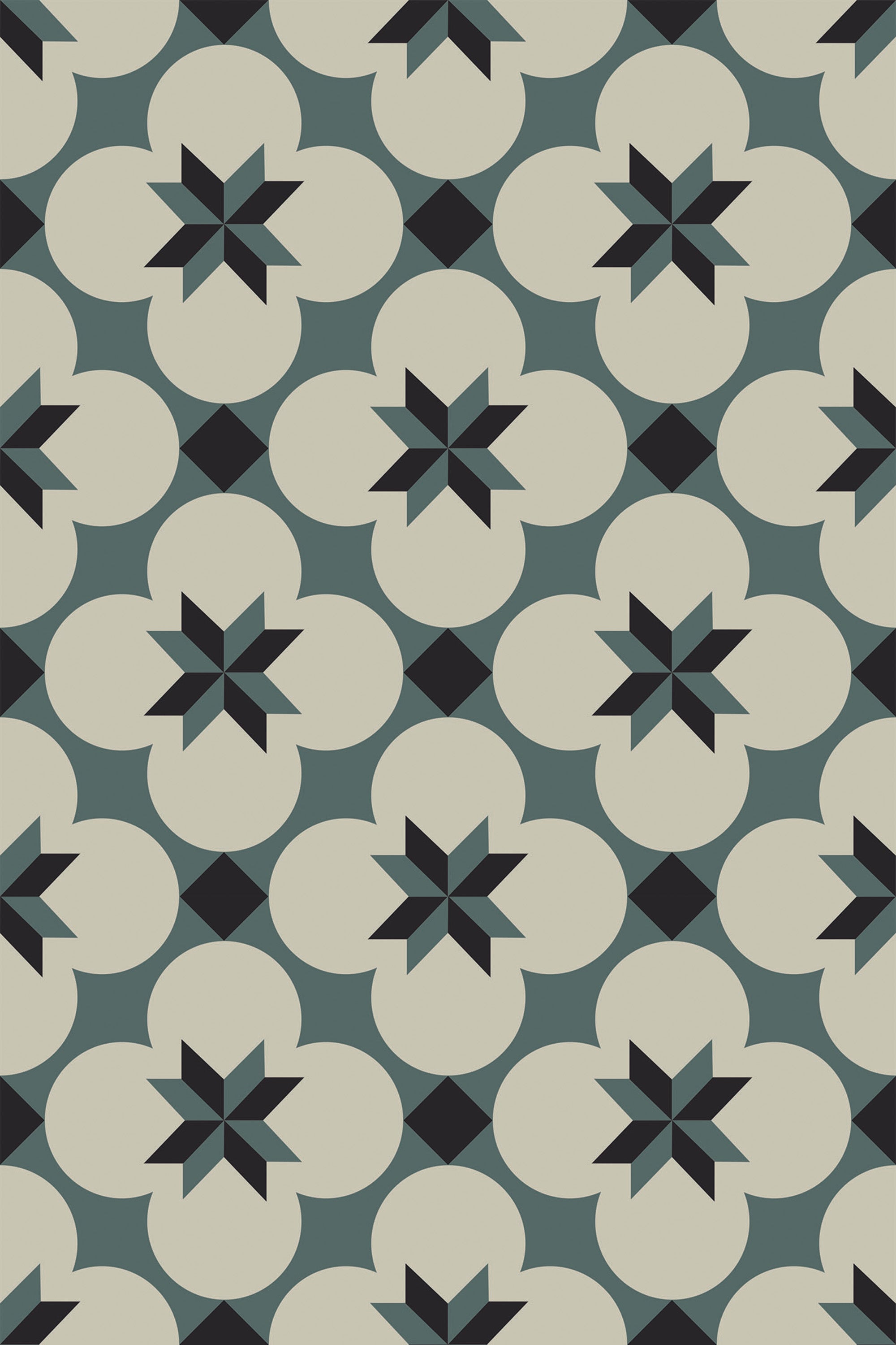 Blue and white geometric floral patterns on a mint green backdrop with black accents, forming a traditional tile-like design on peel and stick removable wallpaper.