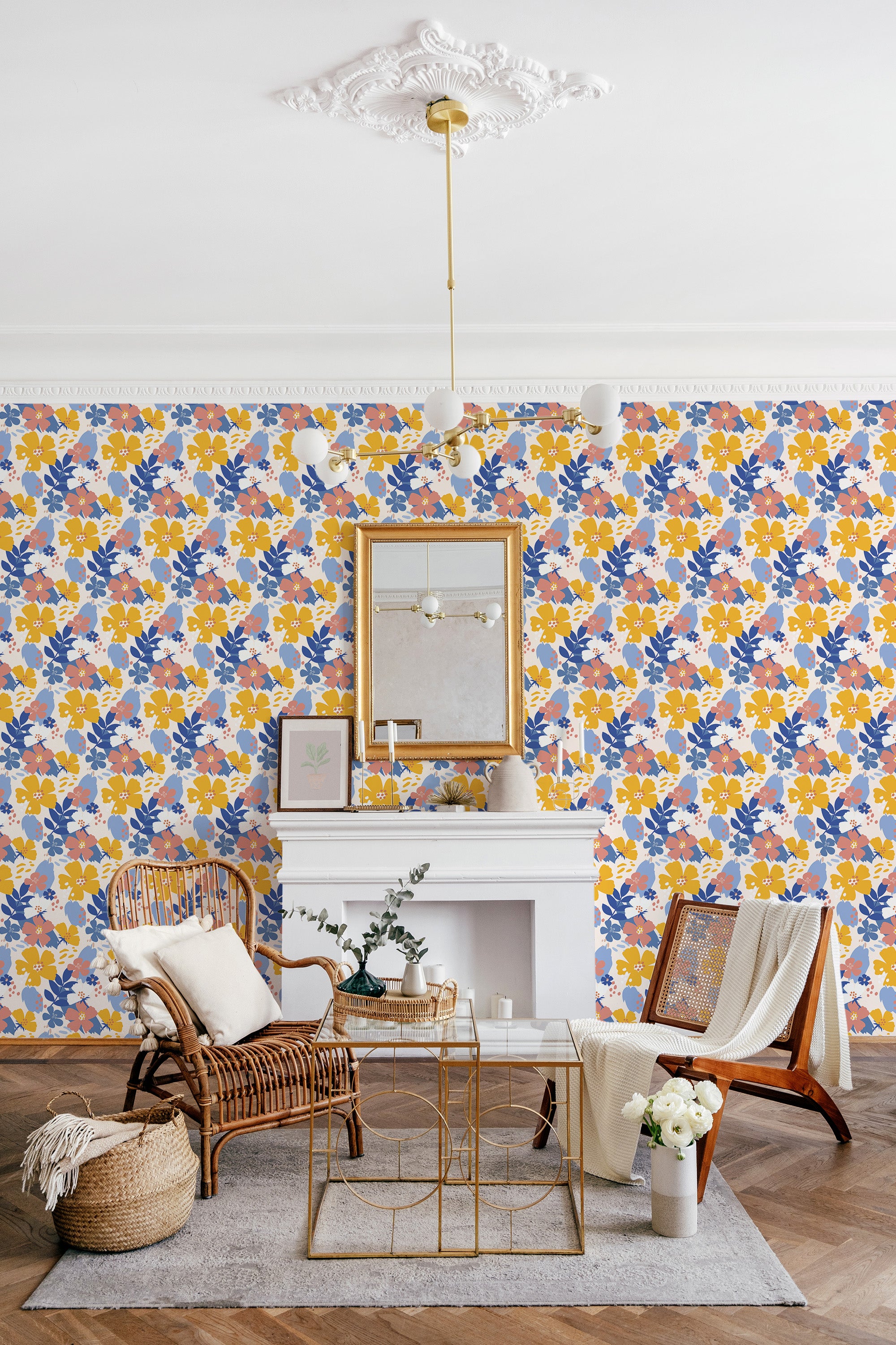 Colorful floral wallpaper with blue, yellow, and white motifs creating a vibrant springtime pattern on a room's wall, evoking a cheerful, traditional wallpaper.
