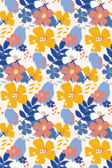 A pattern of large yellow and blue flowers with white accents set against a neutral background, interspersed with small red dots, creating a vibrant and cheerful spring theme for peel and stick removable wallpaper.