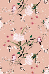 A pastel peach backdrop adorned with illustrations of pink spring birds perched on branches, surrounded by lush blooms and delicate petals, entitled 'Spring bird' peel and stick removable wallpaper.