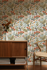 Self-adhesive wallpaper with a gentle natural floral pattern in soft colors, offering a warm and calming nursery ambiance.