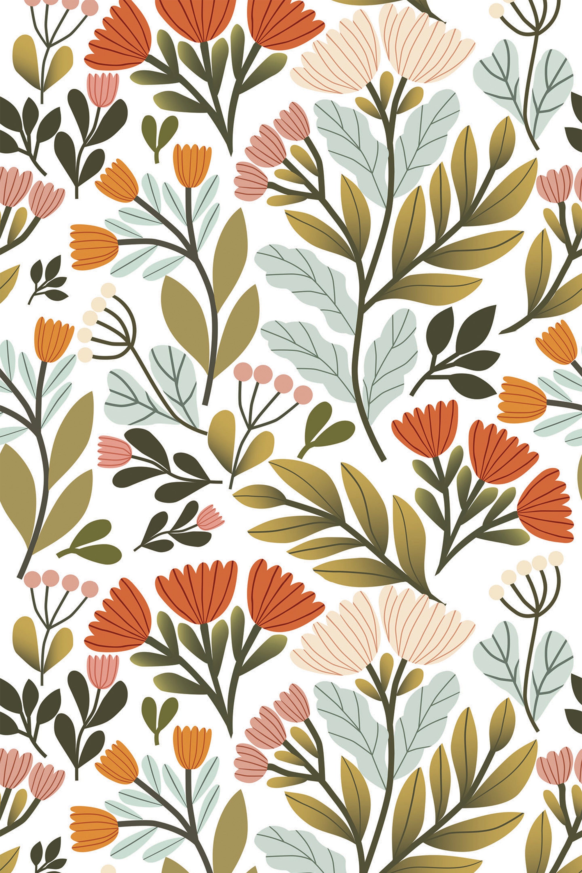 Illustration of a natural floral pattern with orange and pale blue flowers, green leaves, and dots on a cream background, peel and stick removable wallpaper.
