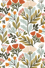 Illustration of a natural floral pattern with orange and pale blue flowers, green leaves, and dots on a cream background, peel and stick removable wallpaper.