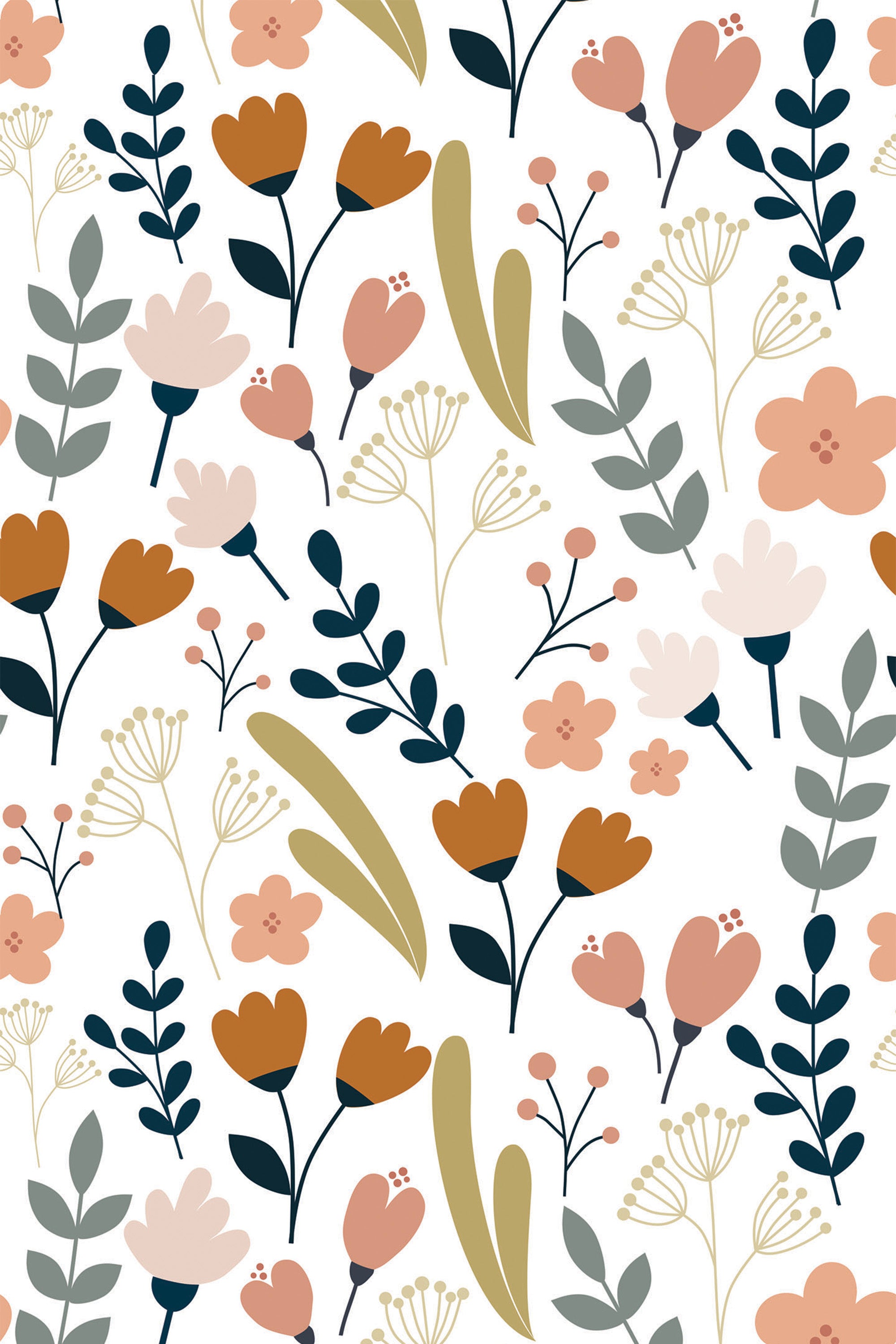 A vibrant pattern of stylized flowers and leaves in shades of orange, pink, and green on a white background, designed for a child's room as peel and stick removable wallpaper.