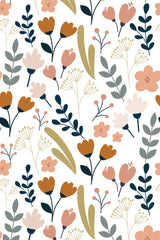 A vibrant pattern of stylized flowers and leaves in shades of orange, pink, and green on a white background, designed for a child's room as peel and stick removable wallpaper.
