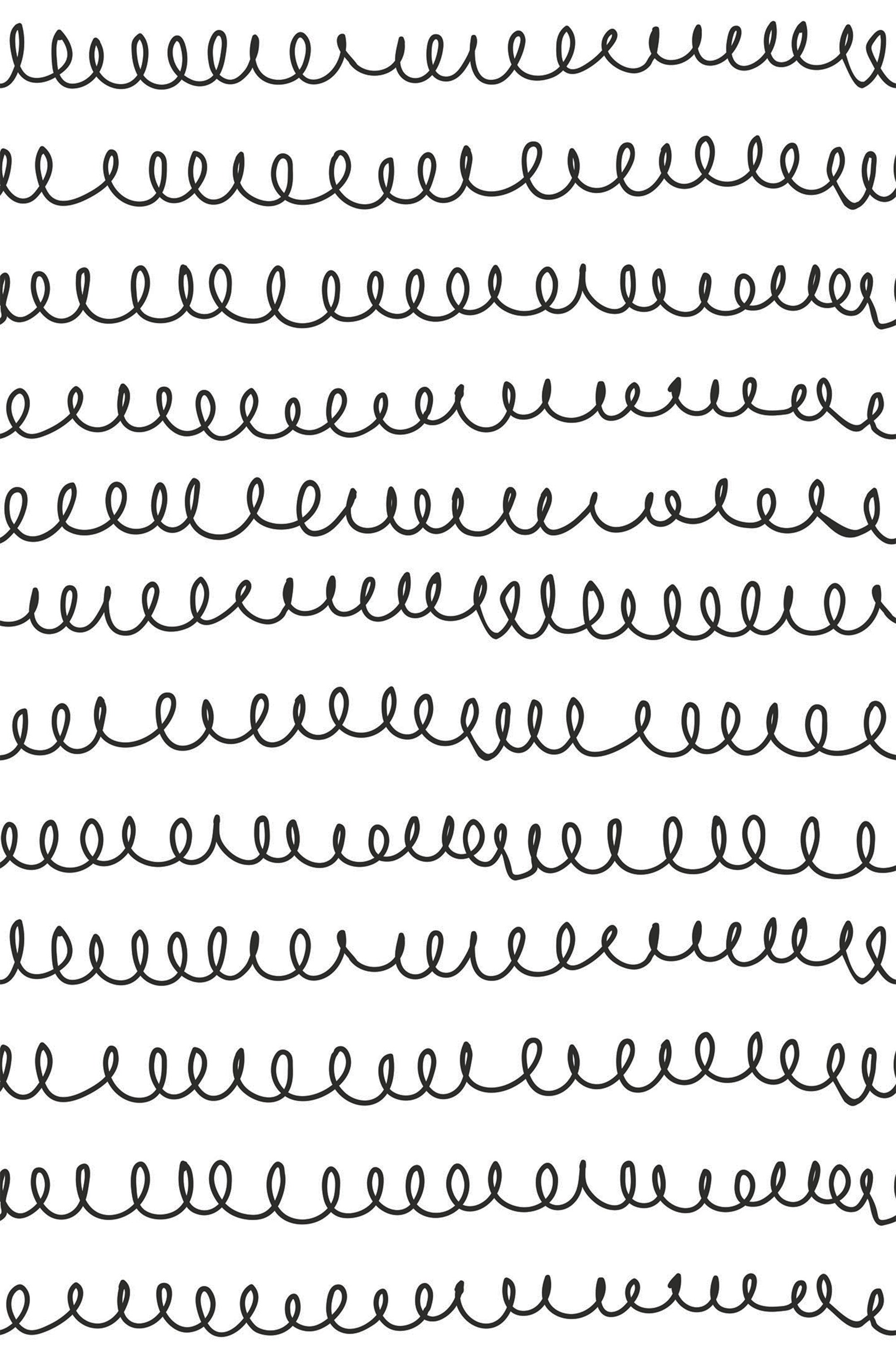 Black spiral line patterns on a white background forming a continuous interlocking design, ideal for modern interior decor, peel and stick removable wallpaper.