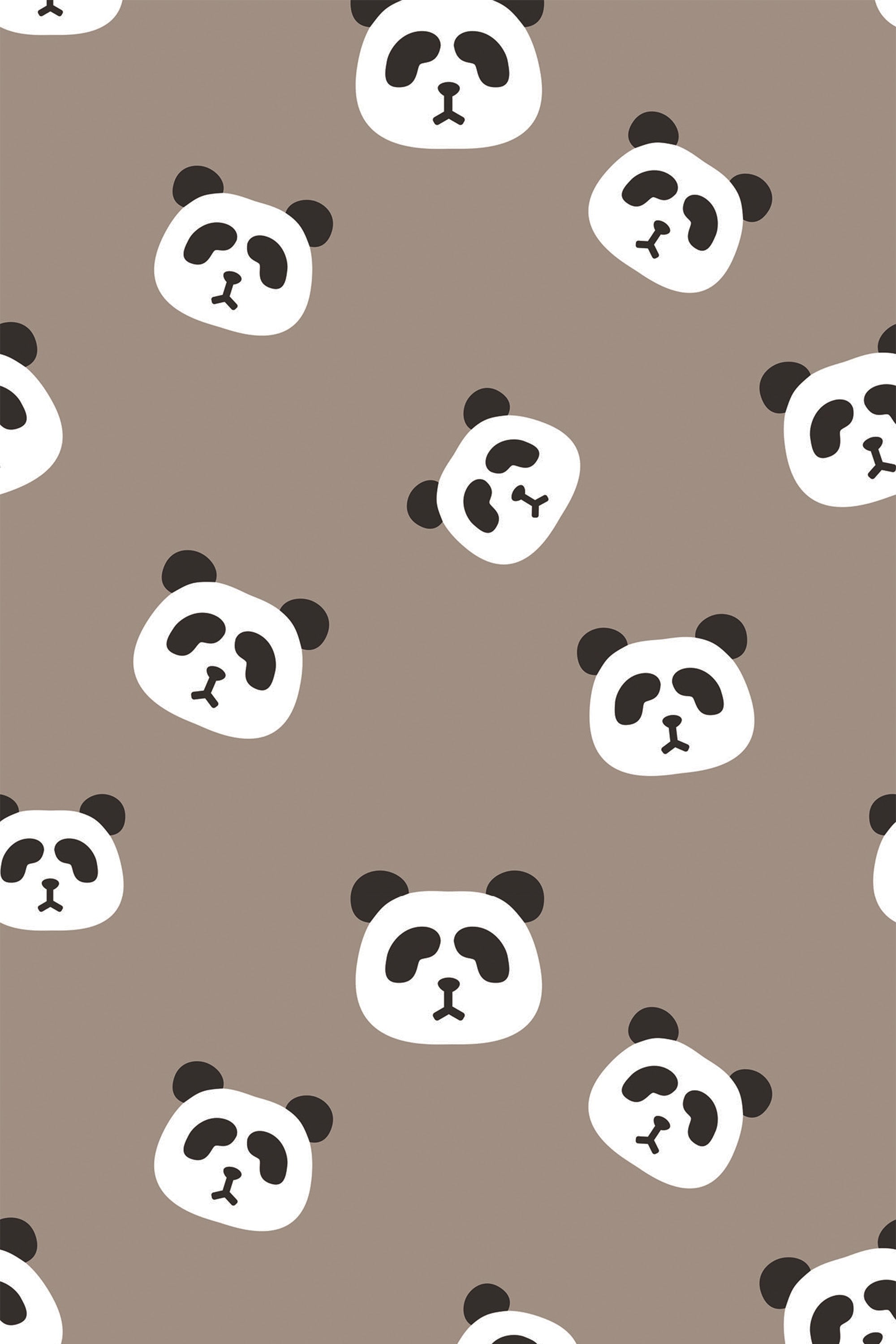 Black and white panda faces on a brown background patterned wallpaper, peel and stick removable wallpaper.