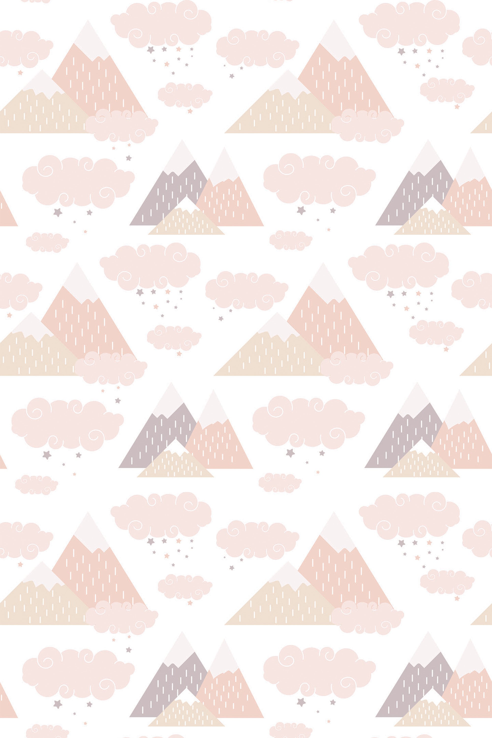Geometric mountain-patterned peel and stick removable wallpaper with pastel pink, beige, and gray triangles and dotted cloud motifs on a white background.