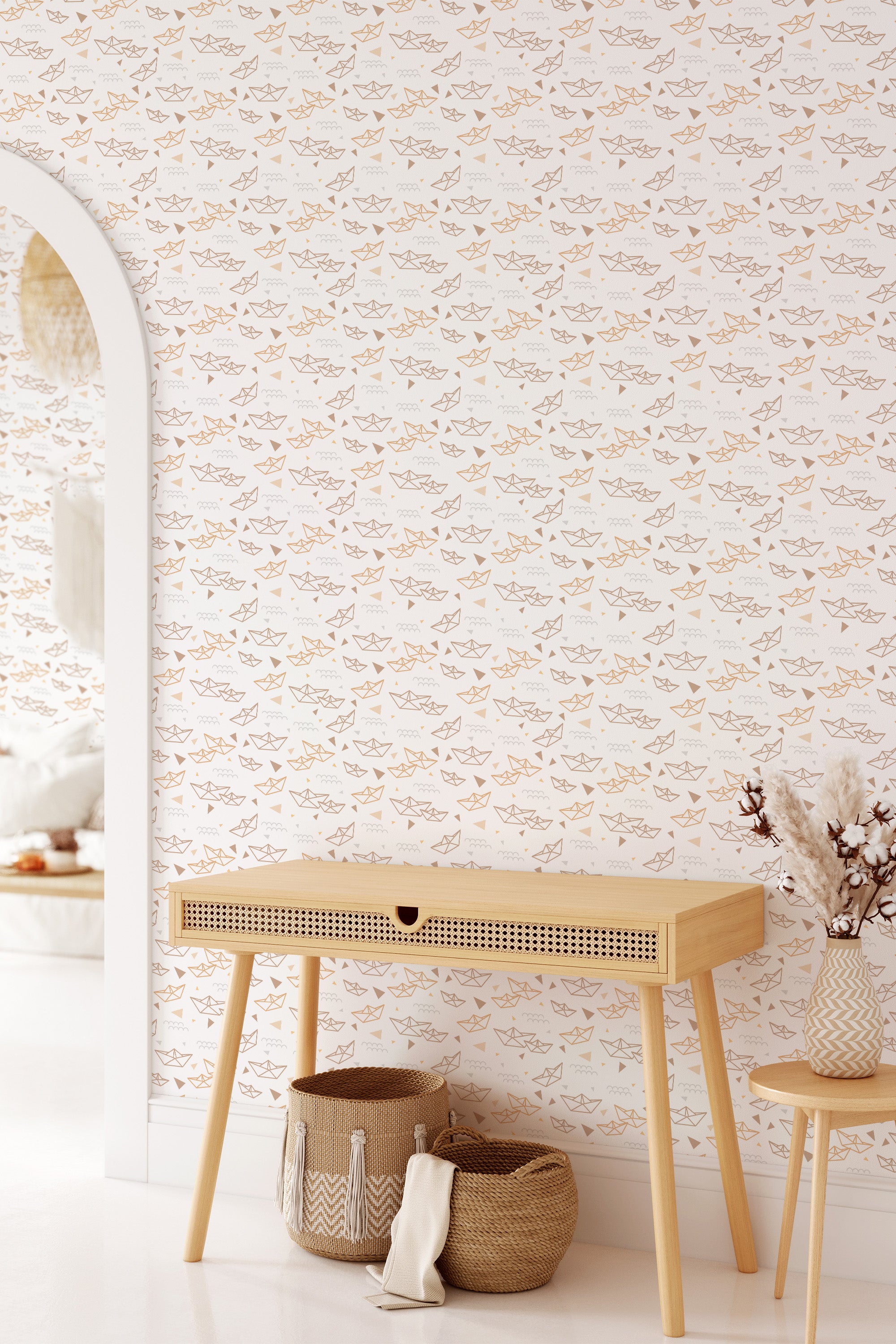 White wallpaper with repetitive paper ship patterns in soft hues, giving a playful yet elegant backdrop. The design invokes a sense of whimsy and nostalgia. Traditional wallpaper.