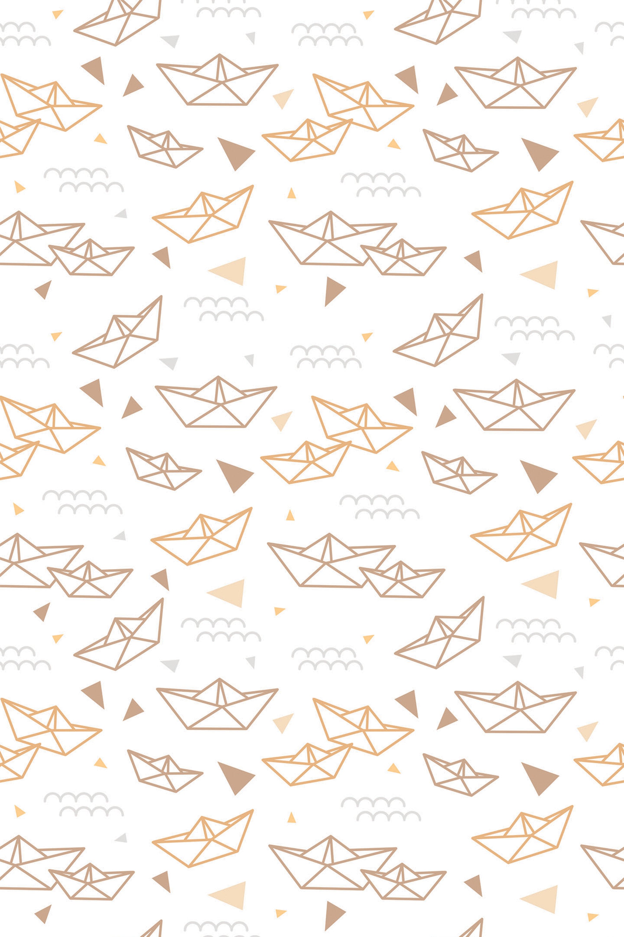 Seamless pattern of stylized golden and gray paper ships and wavy lines on a white background, designed for peel and stick removable wallpaper.