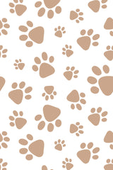 Beige background with different-sized brown dog paw prints pattern, peel and stick removable wallpaper.