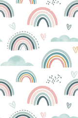 Multicolored watercolor rainbow patterns with hearts and clouds on a white background, peel and stick removable wallpaper.
