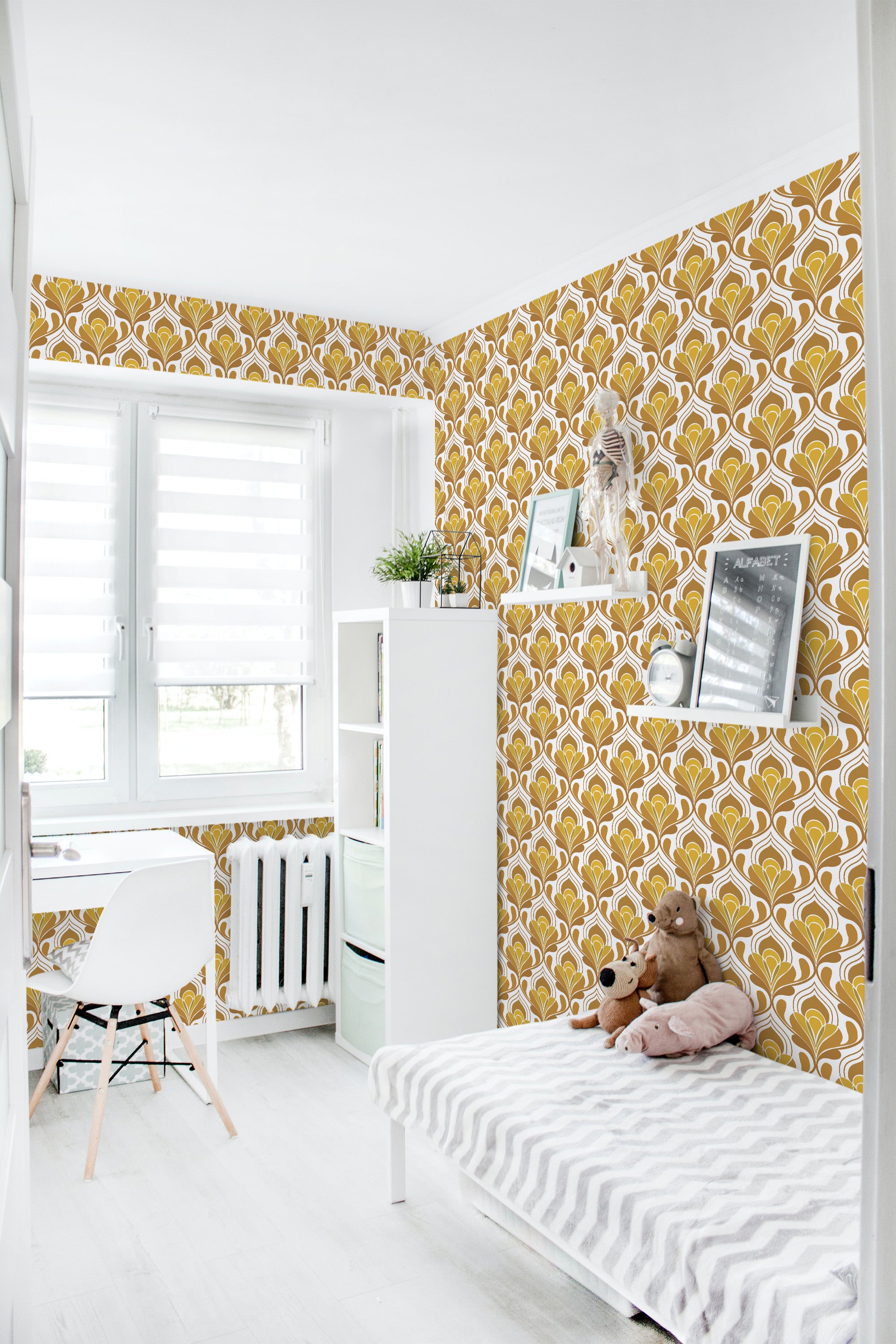 A bright room with yellow retro patterned wallpaper, including swirls and abstract shapes, covering the walls, paired with white furniture and decor, traditional wallpaper.