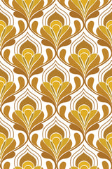 A yellow retro wallpaper pattern with repeating teardrop shapes and curved lines in shades of yellow and brown on a white background, peel and stick removable wallpaper.