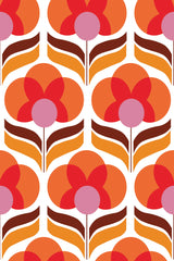 Pattern of stylized red and orange flowers with flowing brown stems on a cream background, in a vintage style suitable for home decor, peel and stick removable wallpaper.