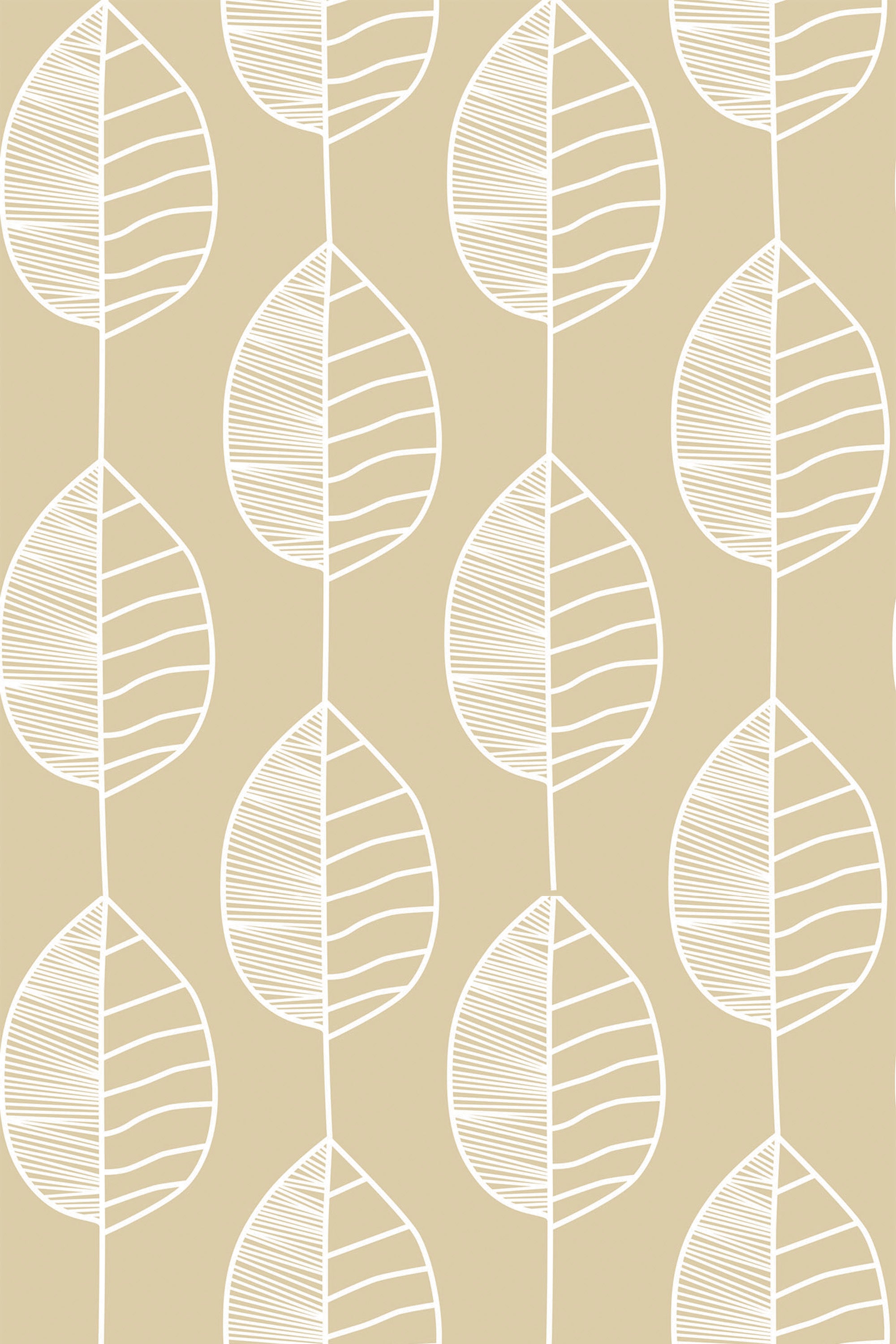A pattern of white line art leaves on a beige background, forming a continuous vertical stripe design on peel and stick removable wallpaper.