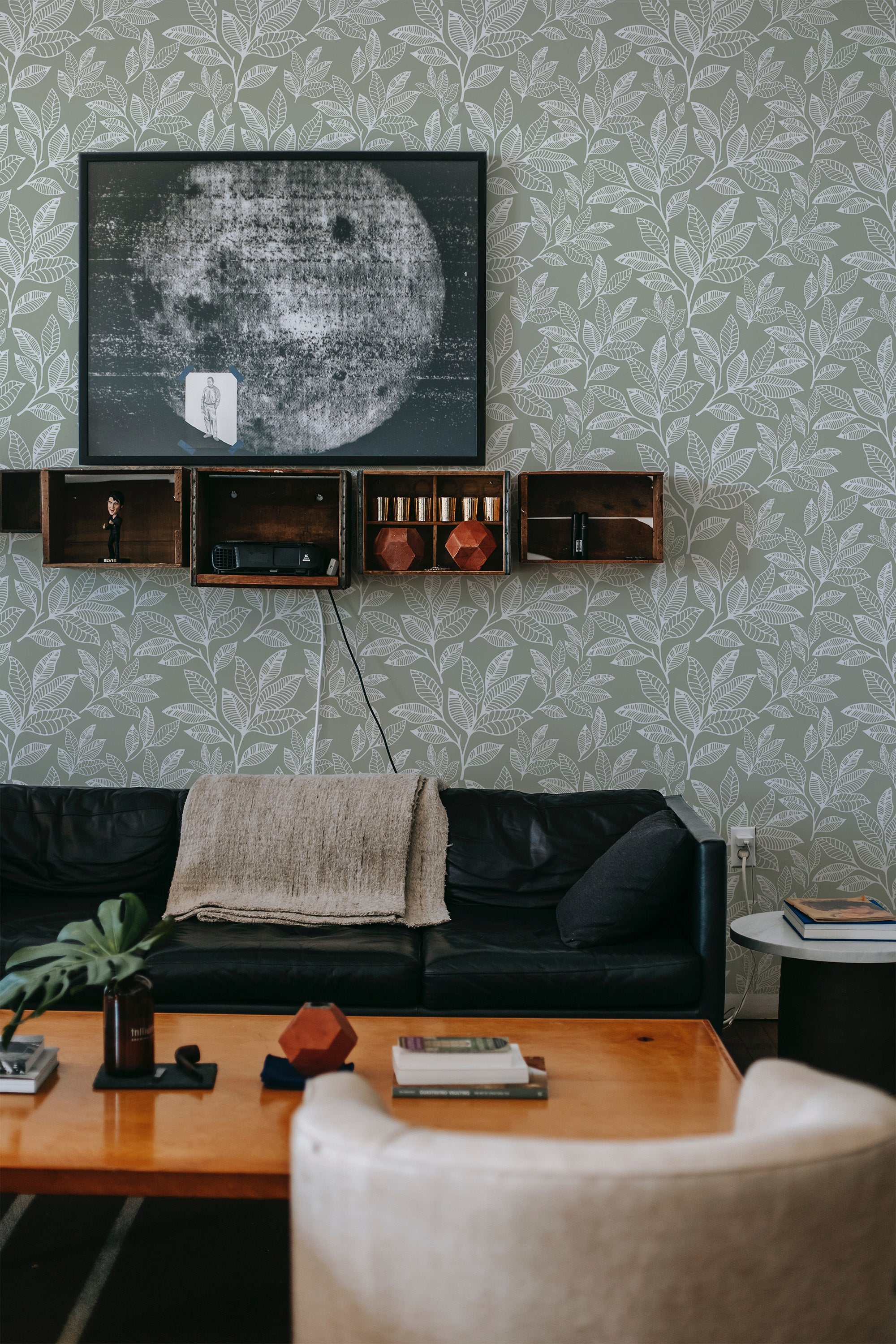 A room with Leaf line art wallpaper in shades of green with graceful botanical patterns, adorning the wall behind a black sofa and a wooden media console, evoking a traditional wallpaper aesthetic.
