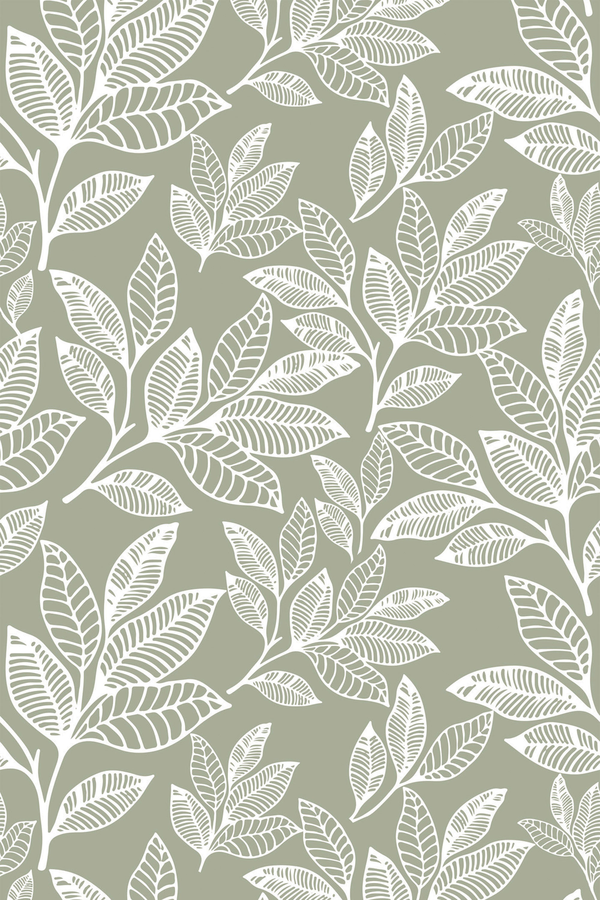 A repeating pattern of white leaf line art on a muted green background, giving a botanical aesthetic to this peel and stick removable wallpaper.