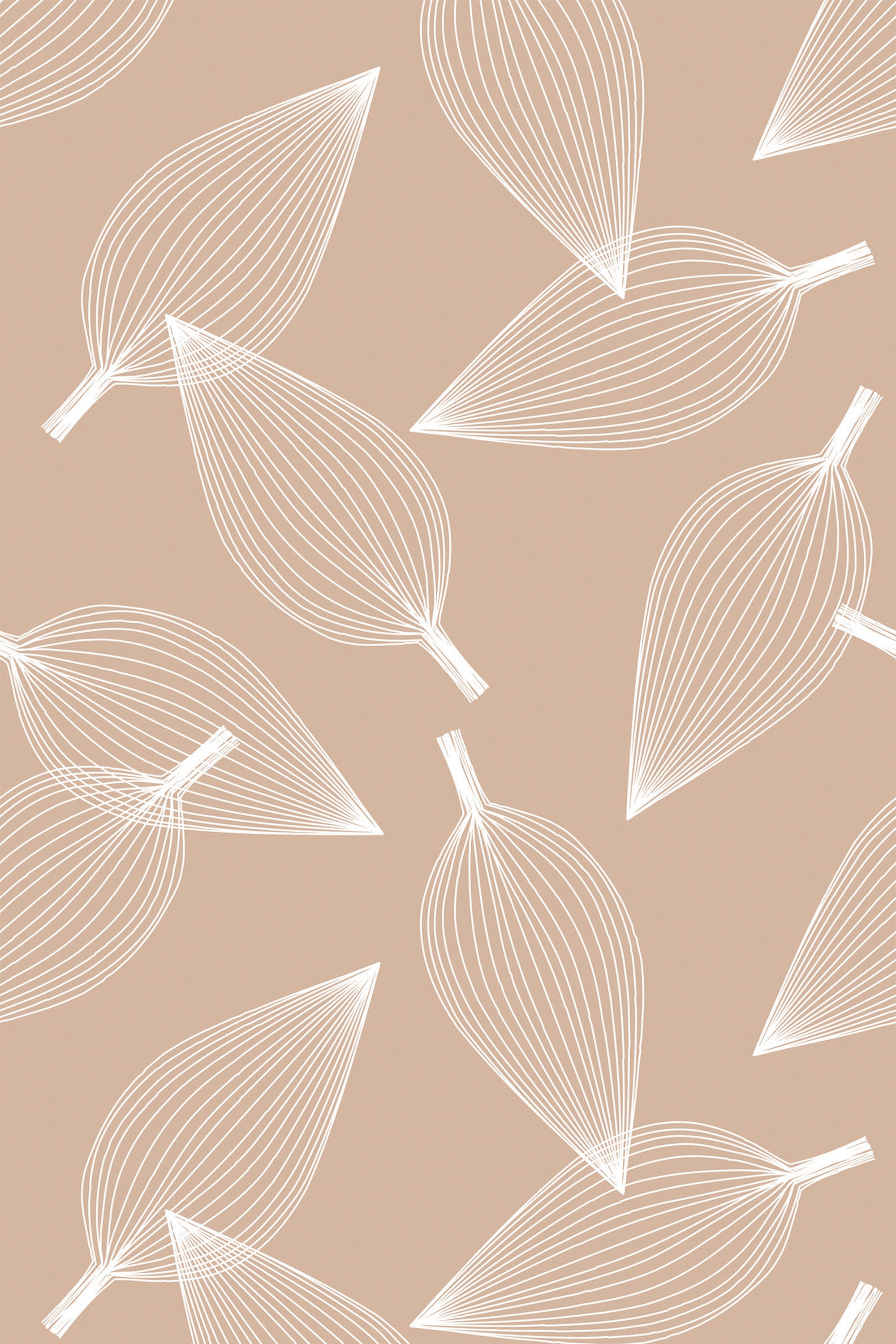 White leaf outlines on a soft tan background, forming a gentle, nature-inspired pattern for a subtle yet elegant look. Ideal for nursery decor, this is a peel and stick removable wallpaper.