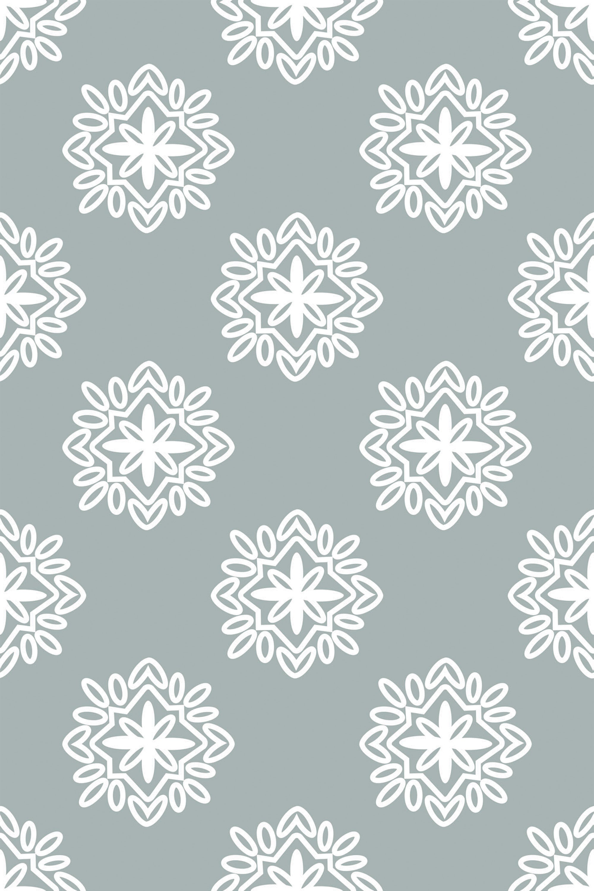 Retro ornamental pattern with white symmetrical floral designs on a muted teal background, peel and stick removable wallpaper.
