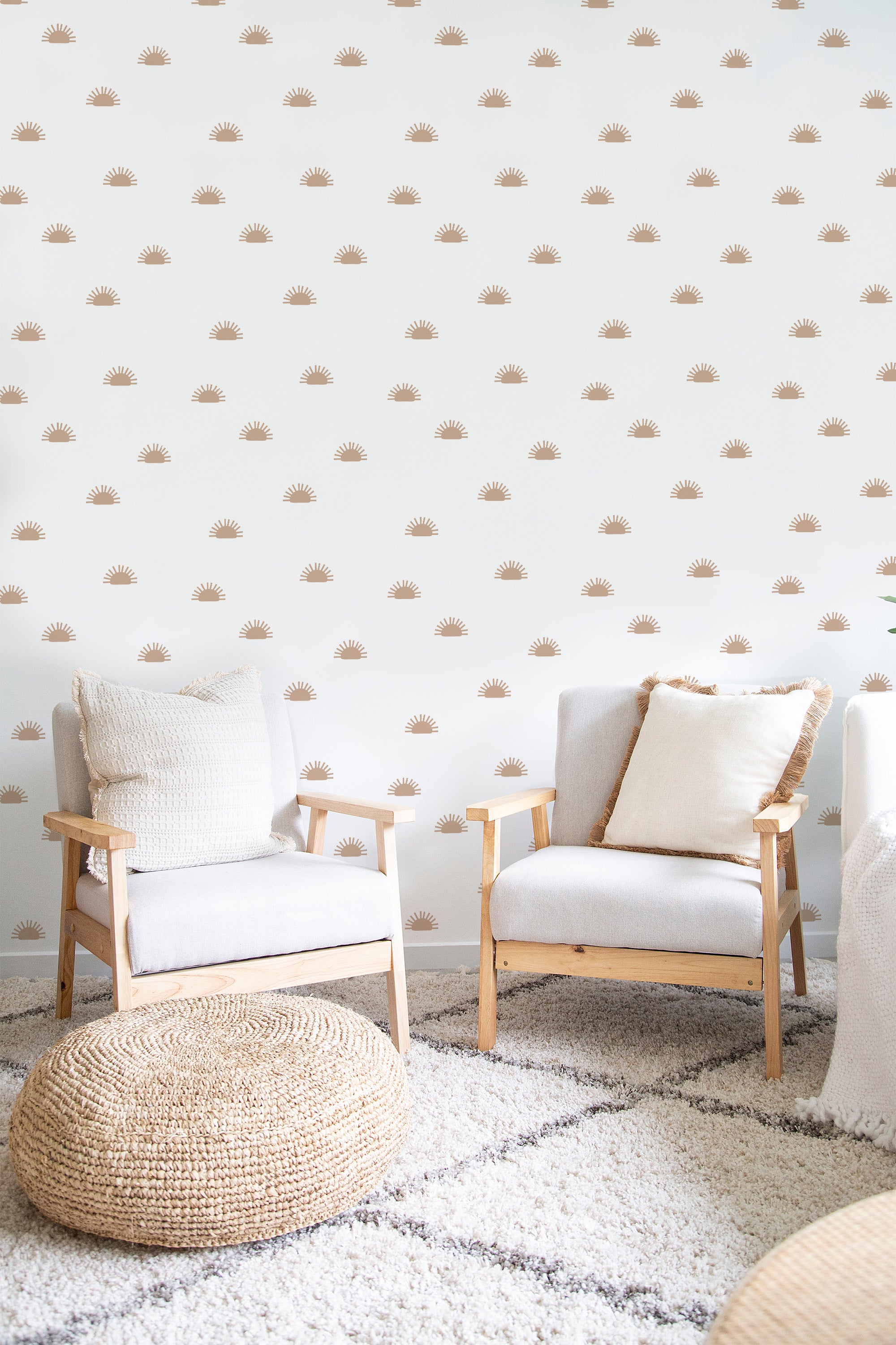 A room with beige Boho half sun wallpaper, with repeated arched patterns resembling stylized suns on a white background, creating a serene, traditional wallpaper ambiance.