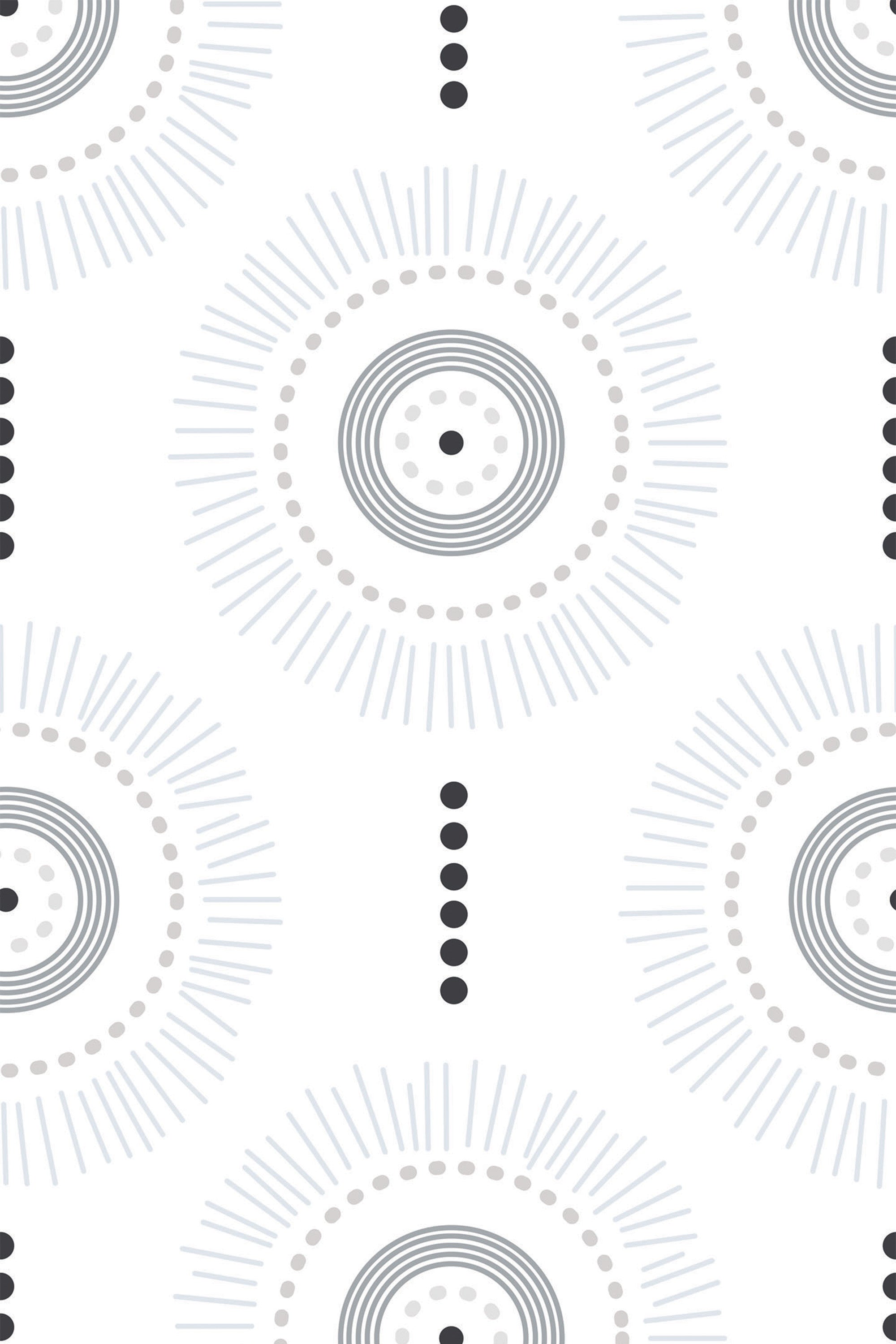 Pattern of concentric circles with dotted details in monochrome, interspersed with line motifs on a seamless background, Bohemian circle style peel and stick removable wallpaper.
