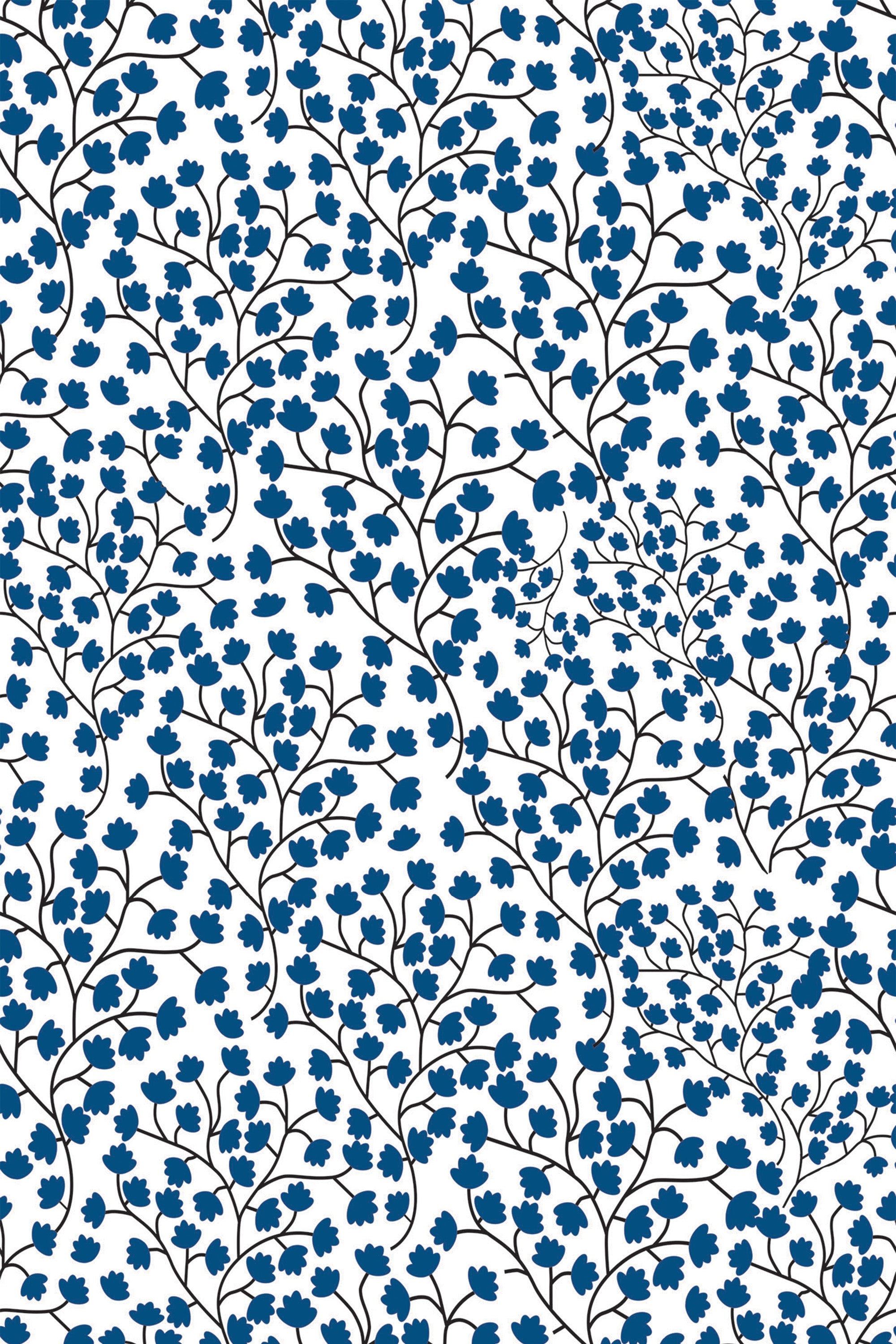 A pattern of small blue flowers and delicate branches on a white background, peel and stick removable wallpaper.