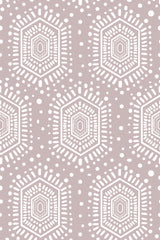 A pattern of white geometric mandala-inspired motifs on a taupe background, peel and stick removable wallpaper.