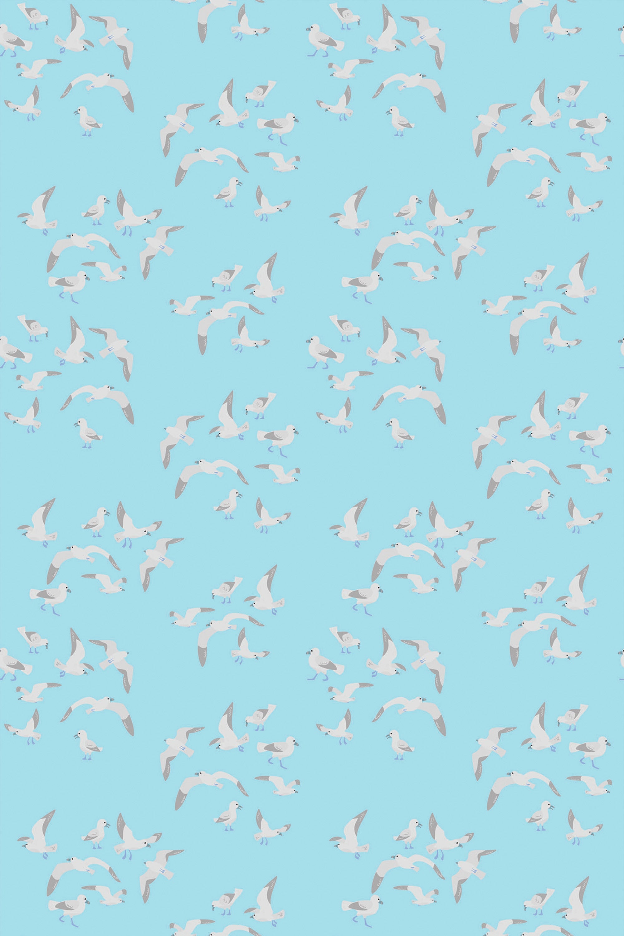 White seagulls in flight on a light blue background, seamless pattern for peel and stick removable wallpaper.