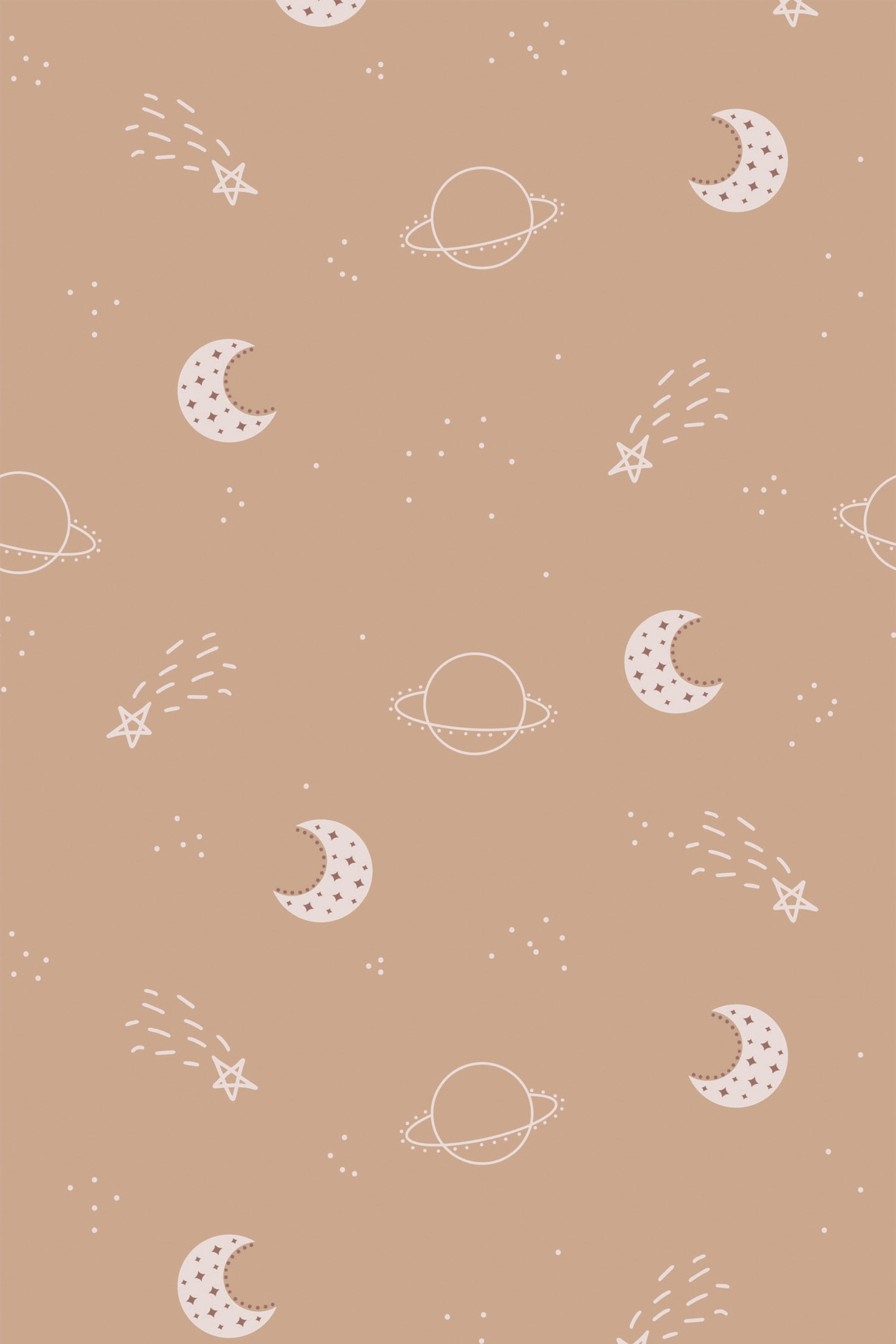 Beige wallpaper with a pattern of planets, moons, and stars in a simple line art style, invoking a sense of outer space, termed 'Minimal Space', suitable as peel and stick removable wallpaper.