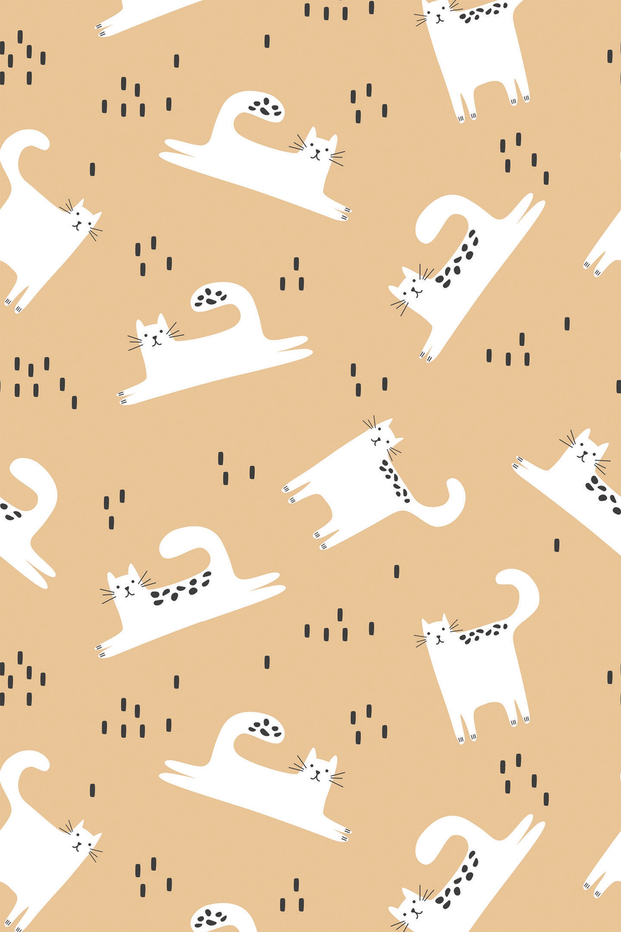 A pattern of white stylized cats and small black dots on a pale yellow background, peel and stick removable wallpaper.