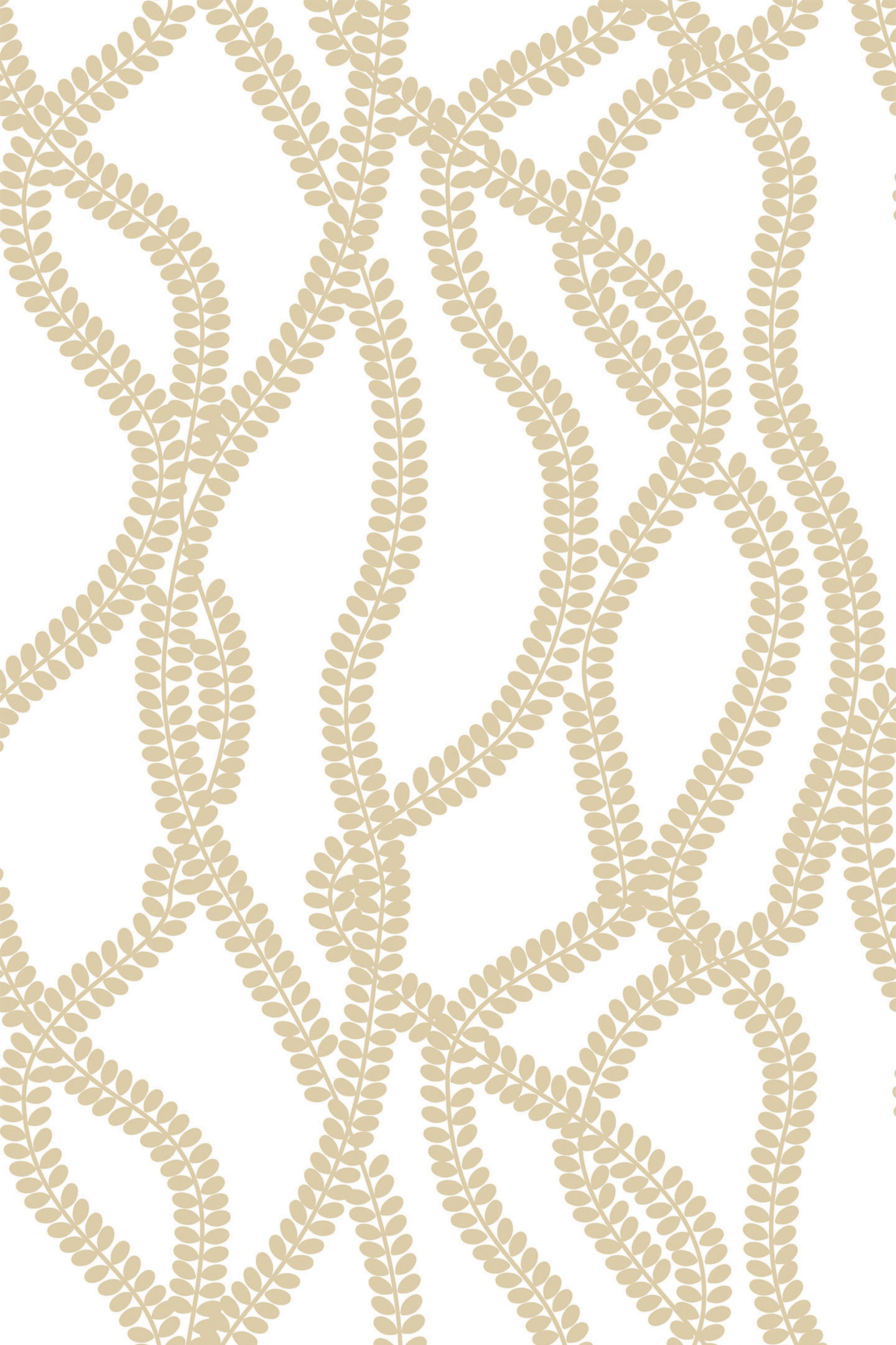 A pattern of intertwining vines with delicate leaves in a beige and white color scheme on peel and stick removable wallpaper.