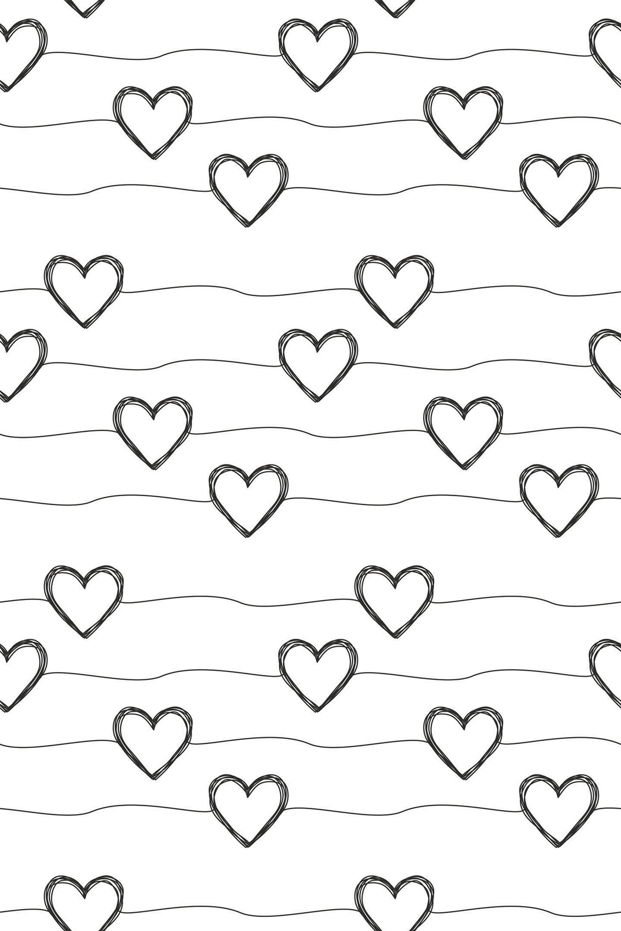 Black hand-drawn heart line art on a white background with wavy horizontal lines, forming a continuous pattern on peel and stick removable wallpaper.
