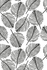 Black sketched leaf stencil pattern on a white background, peel and stick removable wallpaper.