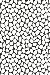 Black and white Stone dots patterned peel and stick removable wallpaper with a tessellation of organic pebble-like shapes.