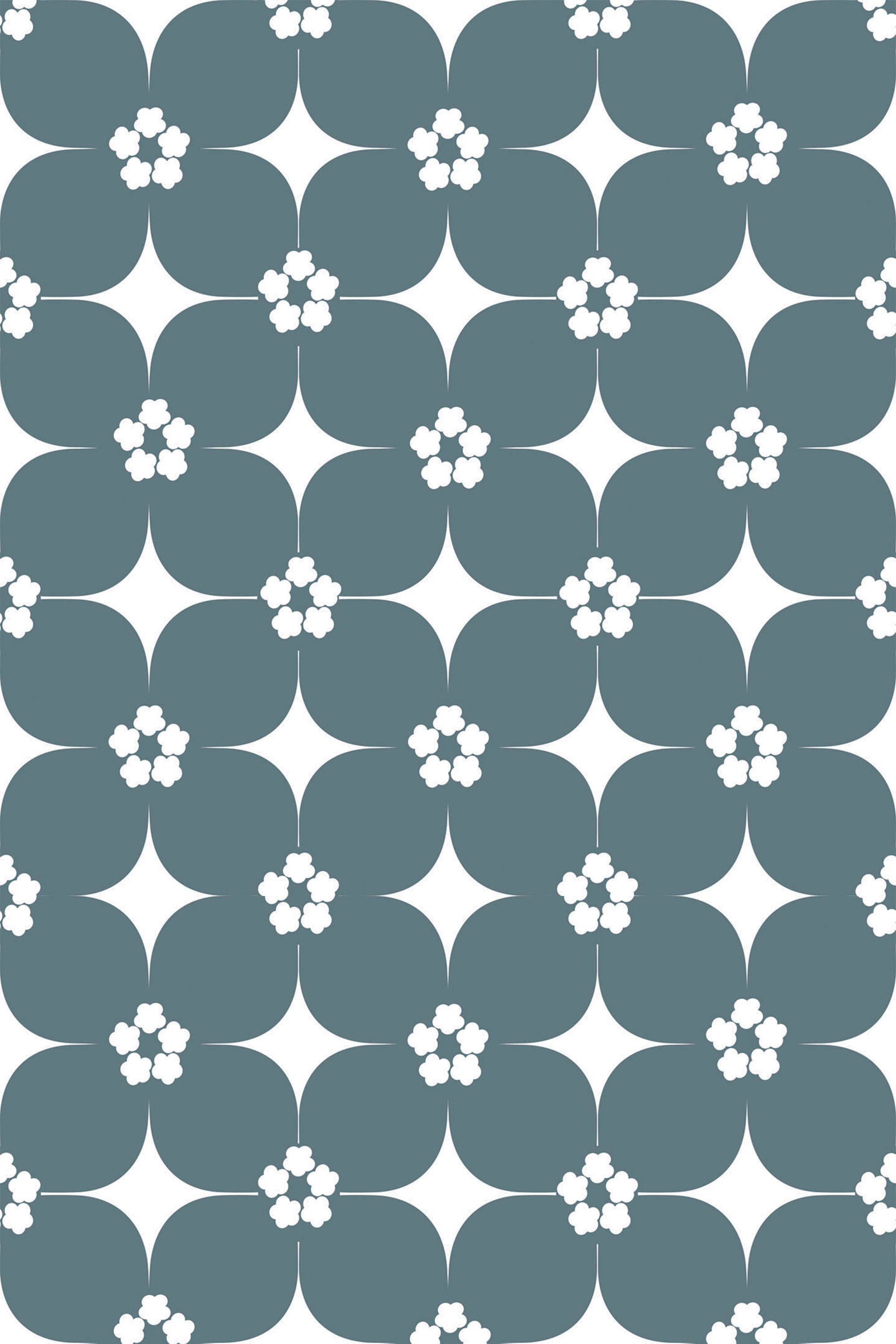 Mid-century style floral pattern with white flowers on teal scalloped background, peel and stick removable wallpaper.
