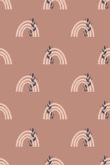 A pattern of stylized boho rainbows with botanical accents on a terracotta background, peel and stick removable wallpaper.