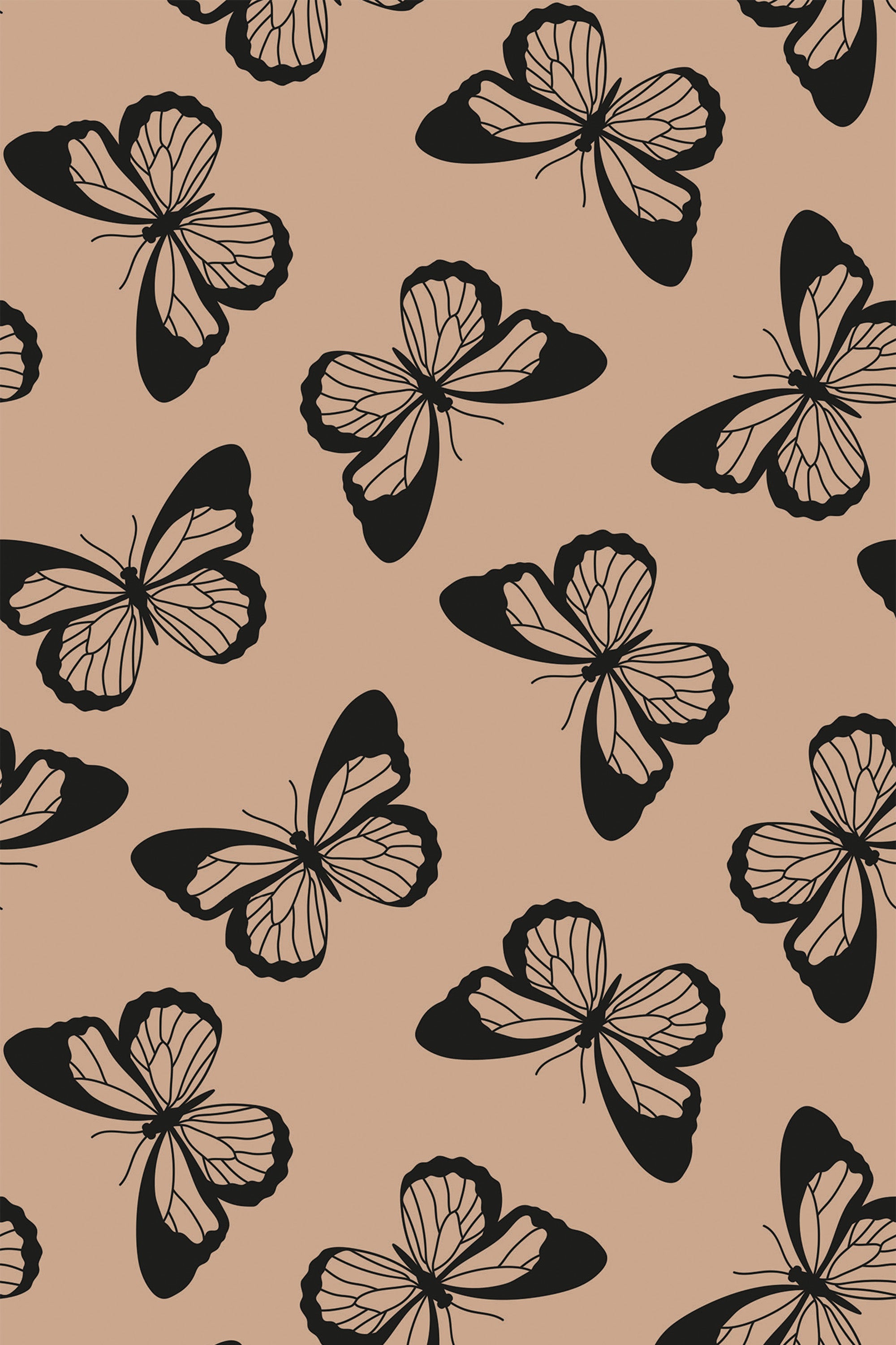 A pattern of large black and white butterflies on a warm beige background, designed as a peel and stick removable wallpaper.