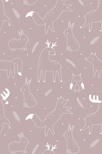 Illustration of various forest animals such as deer, rabbits, foxes, and owls in white outlines on a dusty pink background with leaf accents, peel and stick removable wallpaper.
