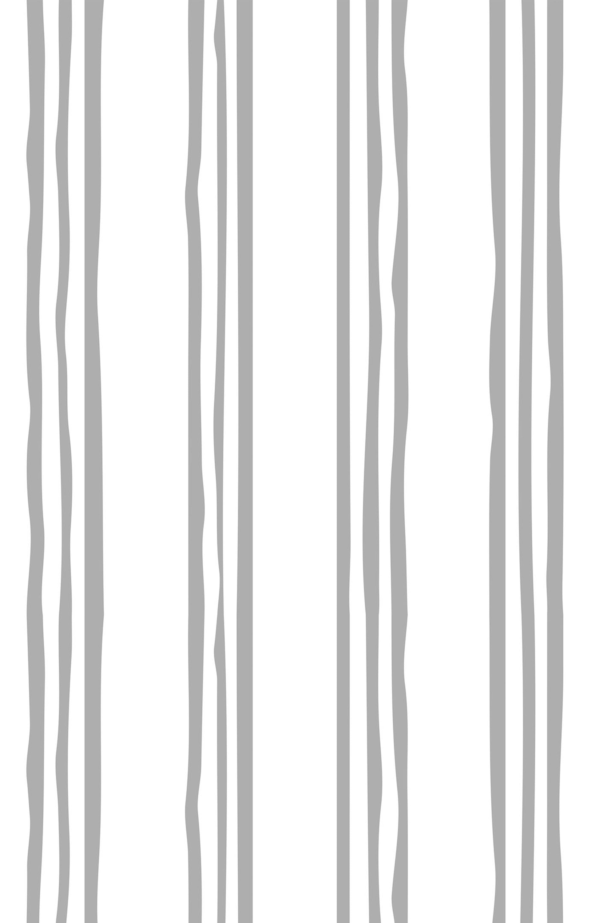 A pattern of alternating thick and thin vertical grey stripes on a white background, peel and stick removable wallpaper.