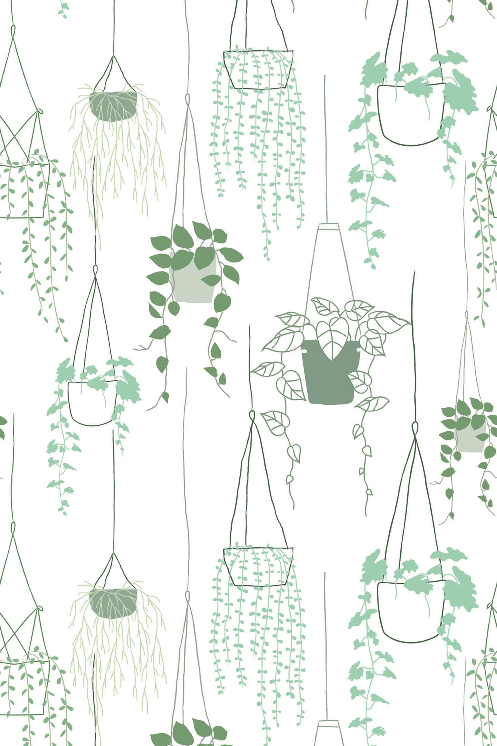 A variety of green potted plants in hanging baskets on a light background, designed as a seamless pattern for peel and stick removable wallpaper.